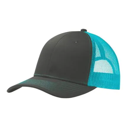 Charcoal grey front panel trucker hat featuring contrasting cyan teal mesh back and visor stitching by Mamoon Wear.