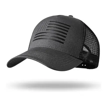 Dark grey structured mesh trucker hat with tonal black and grey embroidered American flag on front panel by Mamoon Wear.