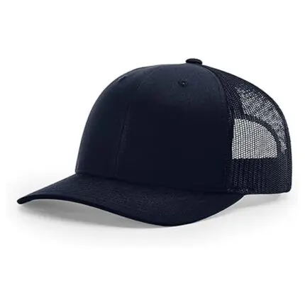 Solid navy blue structured 6-panel trucker cap with curved brim and tonal mesh back by Mamoon Wear.