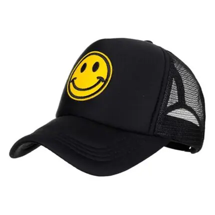Black 5-panel foam trucker hat featuring a yellow smiley face patch graphic by Mamoon Wear.