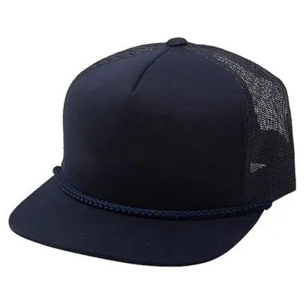 Navy blue 5-panel trucker hat featuring a matching navy braided rope along the visor seam by Mamoon Wear.