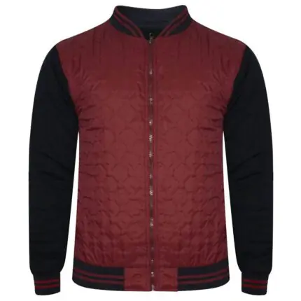 Heavyweight dark maroon varsity jacket with genuine dark leather sleeves and customized snap closures by Mamoon Wear.