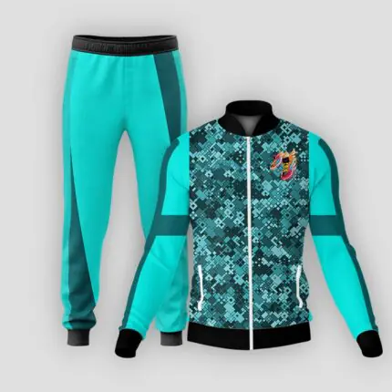 Three-panel colorblock zip-up hoodie tracksuit in white, light blue, and navy with matching dusty blue joggers by Mamoon Wear.