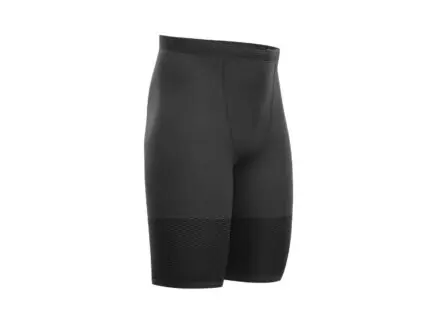 Front view of black custom gym compression shorts with wide elastic waistband