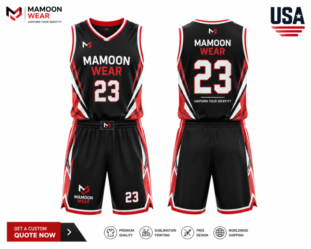 Custom basketball uniform manufacturer Mamoon Wear USA team jersey and shorts