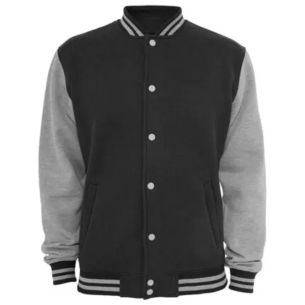Sleek charcoal grey varsity jacket with matching grey sleeves and white-striped elastic ribbing by Mamoon Wear.