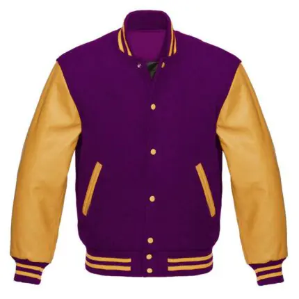 Vintage style purple varsity jacket with contrasting golden yellow sleeves and yellow striped knit details by Mamoon Wear.