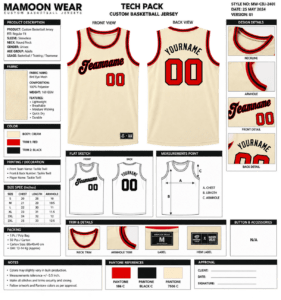 Custom basketball jersey technical tech pack with front back views measurements and specifications