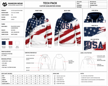 Custom sublimation hoodie tech pack with USA flag design, measurements and specifications