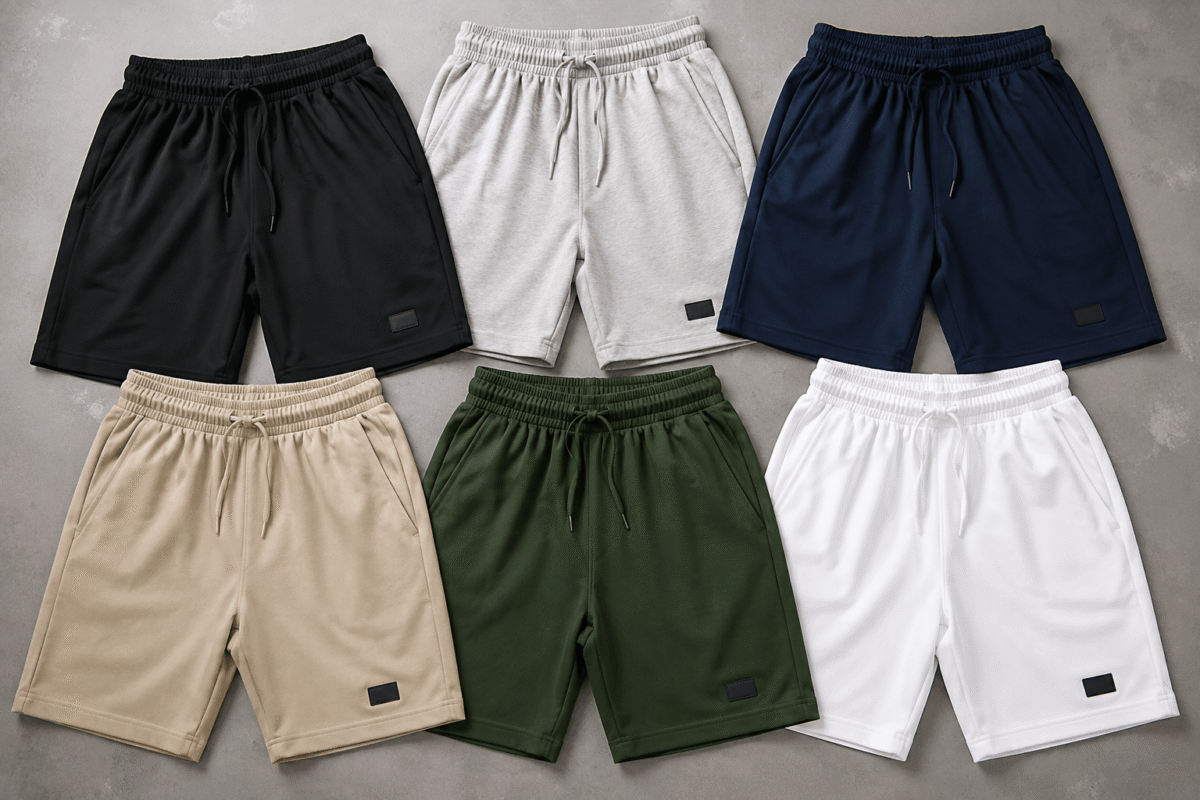 Shorts manufacturers in Pakistan showcasing custom black, grey, navy, beige, green, and white shorts in a top-down product display.