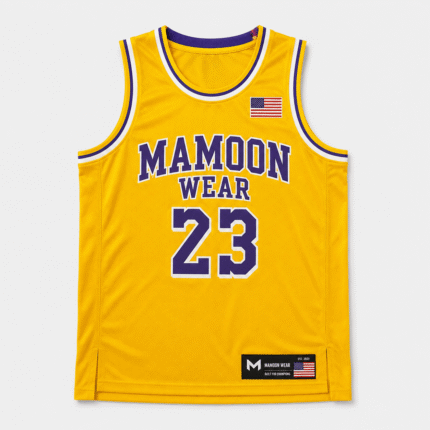 Yellow custom basketball jersey with Mamoon Wear branding, purple and white trim, number 23, and USA flag.
