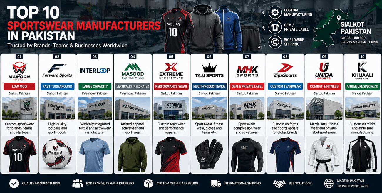Comparison of 10 sportswear manufacturers in Pakistan showing Mamoon Wear, Forward Sports, Interloop, Masood Textile Mills, Extreme Sportswear, TAJJ Sports, MHK Sports, ZipaSports, Unida Sports and Khijaali Industry